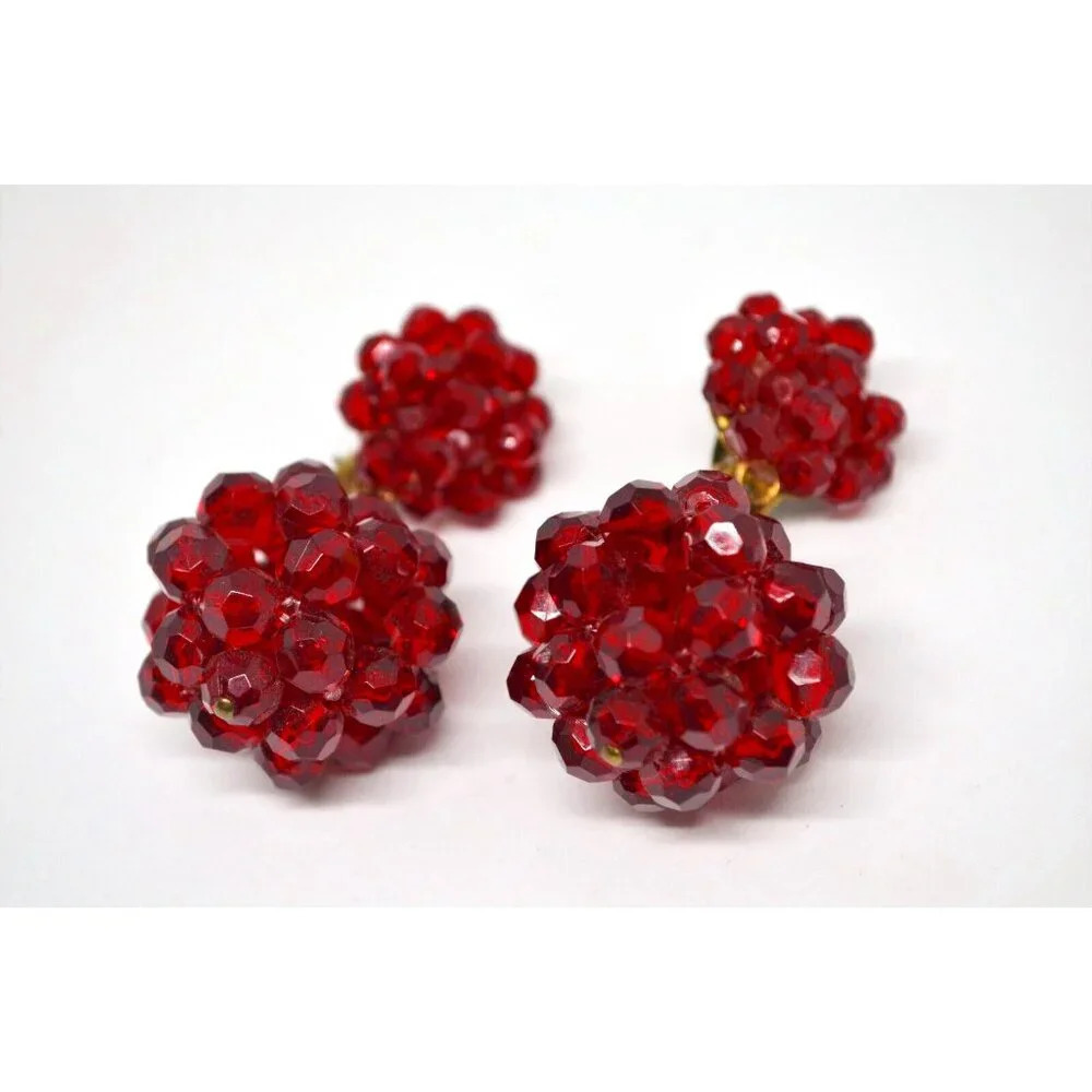 Christmas Bauble Clip on Earrings Red Balls Beaded Plastic Tacky Xmas Jewelry